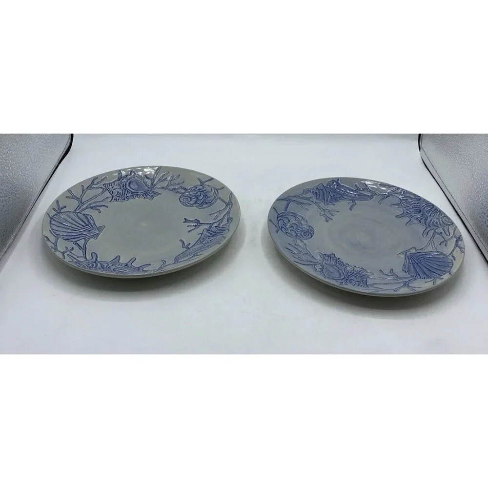 Pottery Barn Salad Plate Dessert Blue Shell Ocean Beach Coastal Coral  8